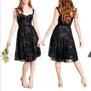 BNWT Dress the Population Adelina Sequin Fit & Flare MIDI Dress in Black Combo